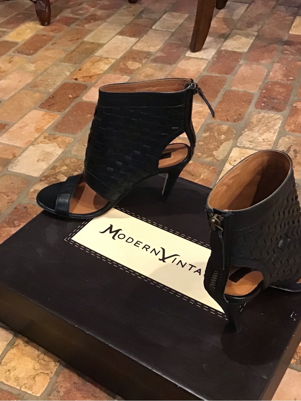 Modern Vintage Black Woven Peep-Toe Ankle Booties with Back Zip
